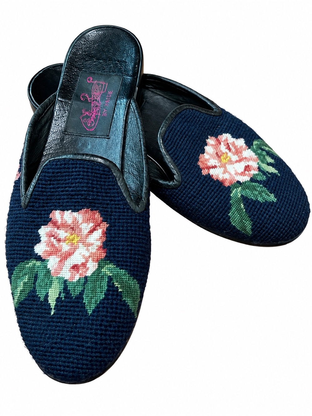 By Paige Pink Peony Needlepoint Mules Navy Wool Floral Leather Slip On Clogs. Sm